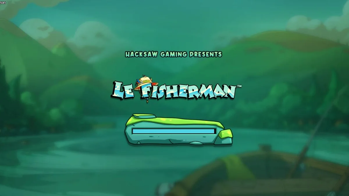 Le Fisherman স্লট গেমের একটি স্ক্রিনশট যেখানে স্মোকি র‍্যাকুন মাছ ধরছে এবং গেমের 6x5 গ্রিড দেখা যাচ্ছে।